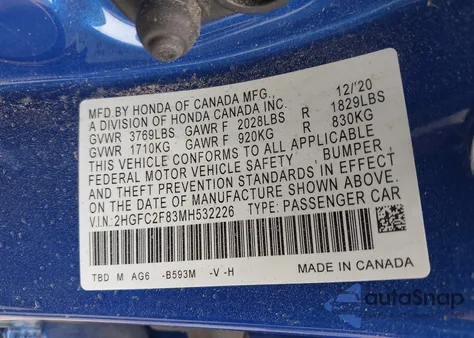 2021 Honda Civic Sport from USA, damaged, VIN 2HGFC2F83MH532226